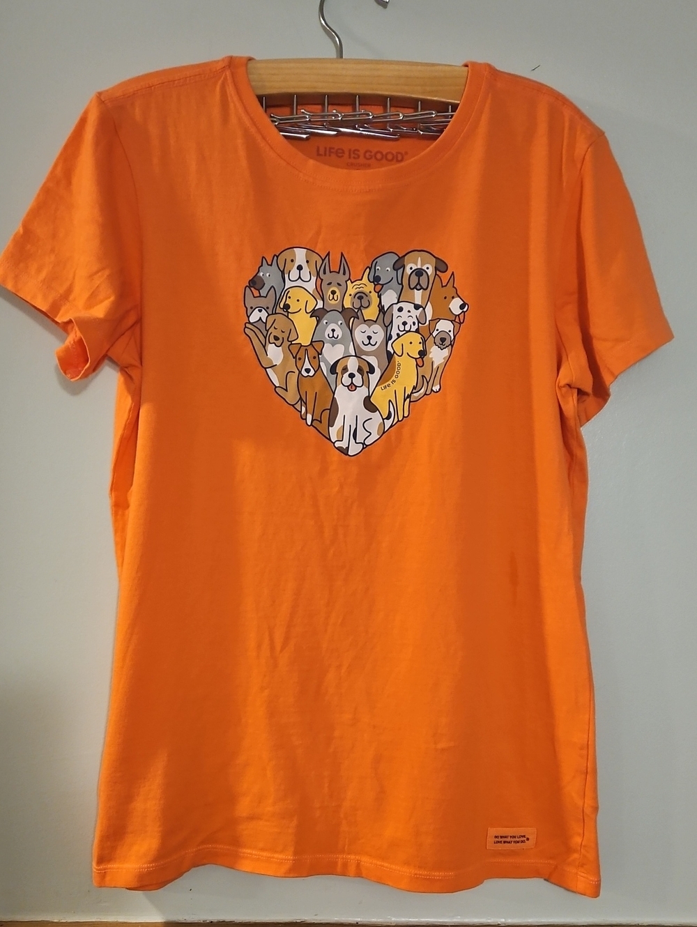 Life Is Good Orange Crewneck Tee with Heart of Dogs Graphic